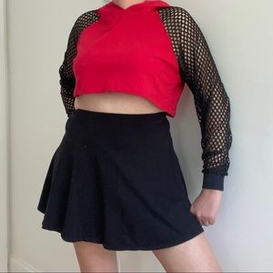 Mesh Sleeve Red Crop Top With Hood Small